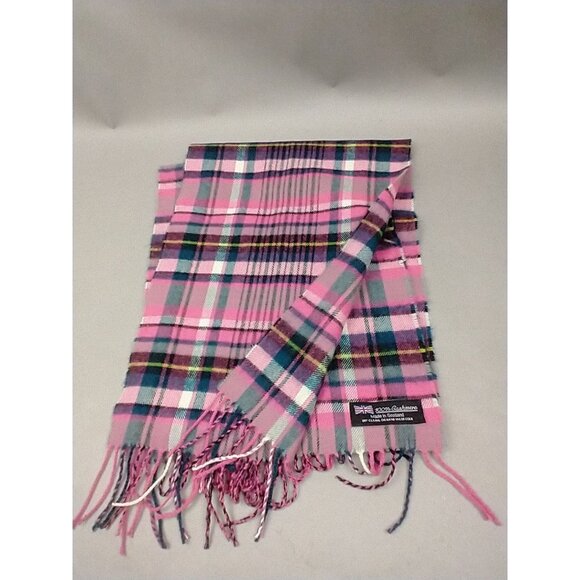 Made in Scotland 100% Cashmere Pink Plaid Fringe Scarf Staple - Picture 2 of 7